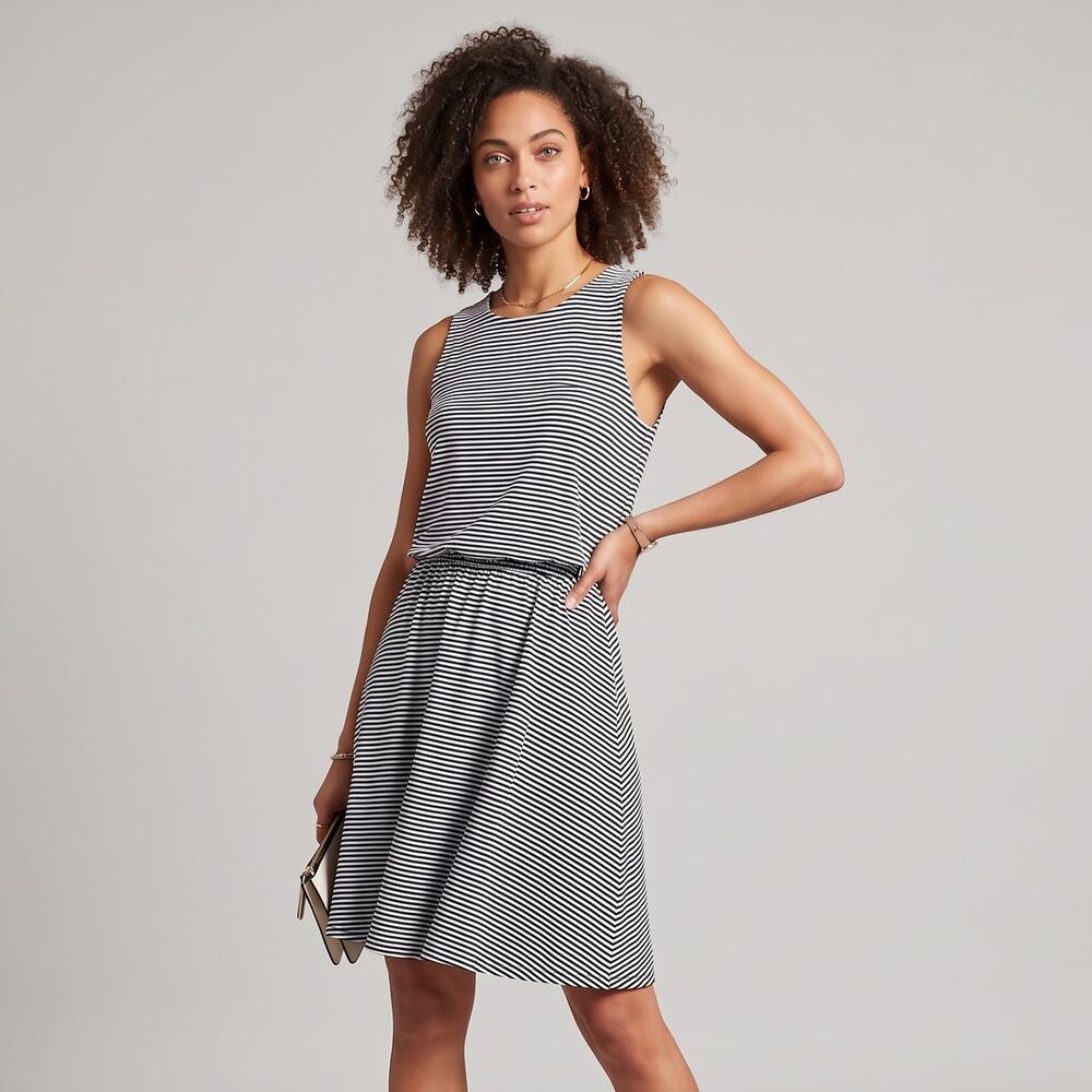 Gap Striped Sleeveless Jersey Dress M Navy White Blouson Waist Exposed Zip Back